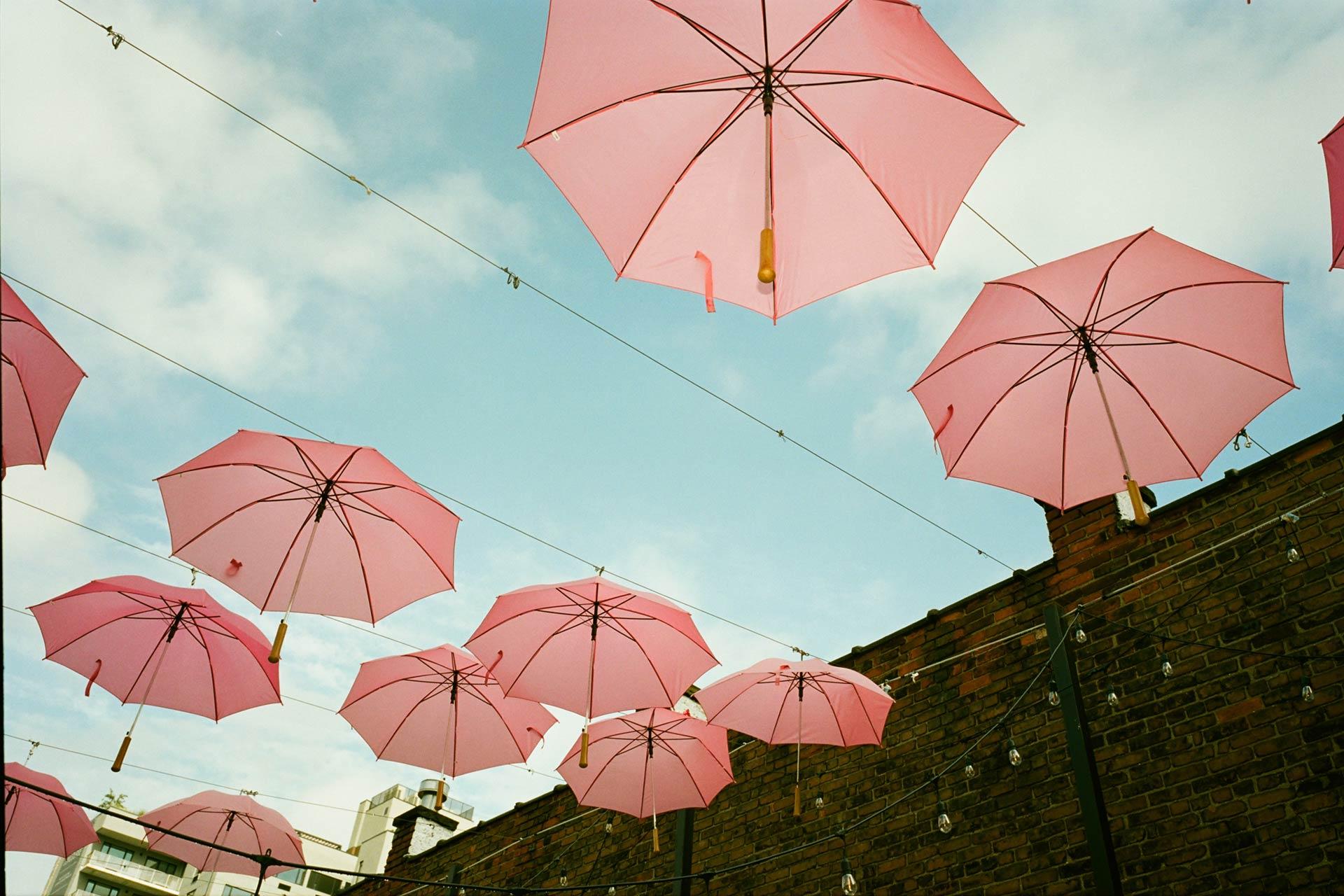 Pink umbrellas are suspended upside down from wires above an outdoor area with brick walls, set against a blue sky with light clouds.