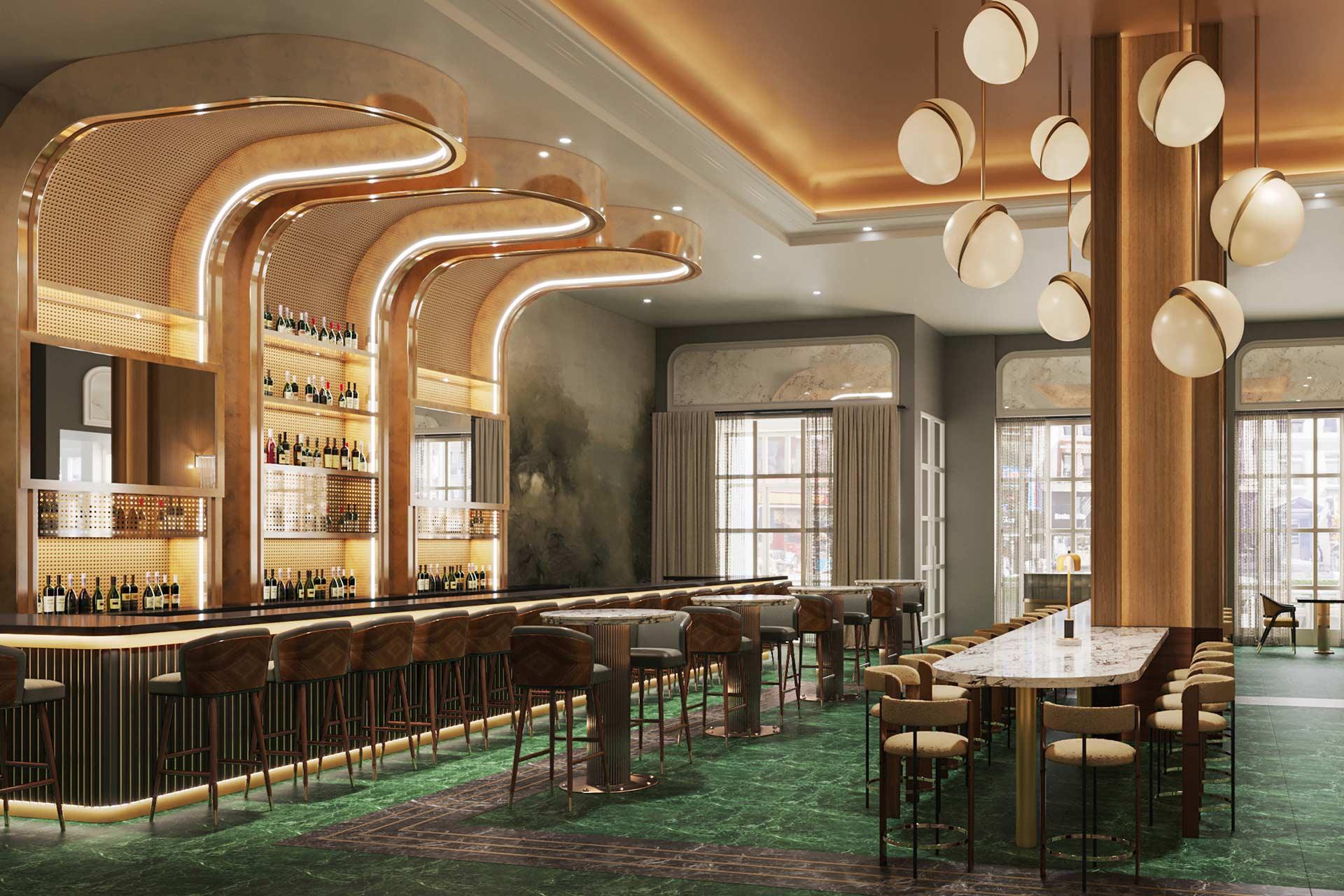 Stylish modern bar with gold accents, green marble floors, curved wooden bar area, high stools, a long communal table with round pendant lights, and large windows letting in natural light.
